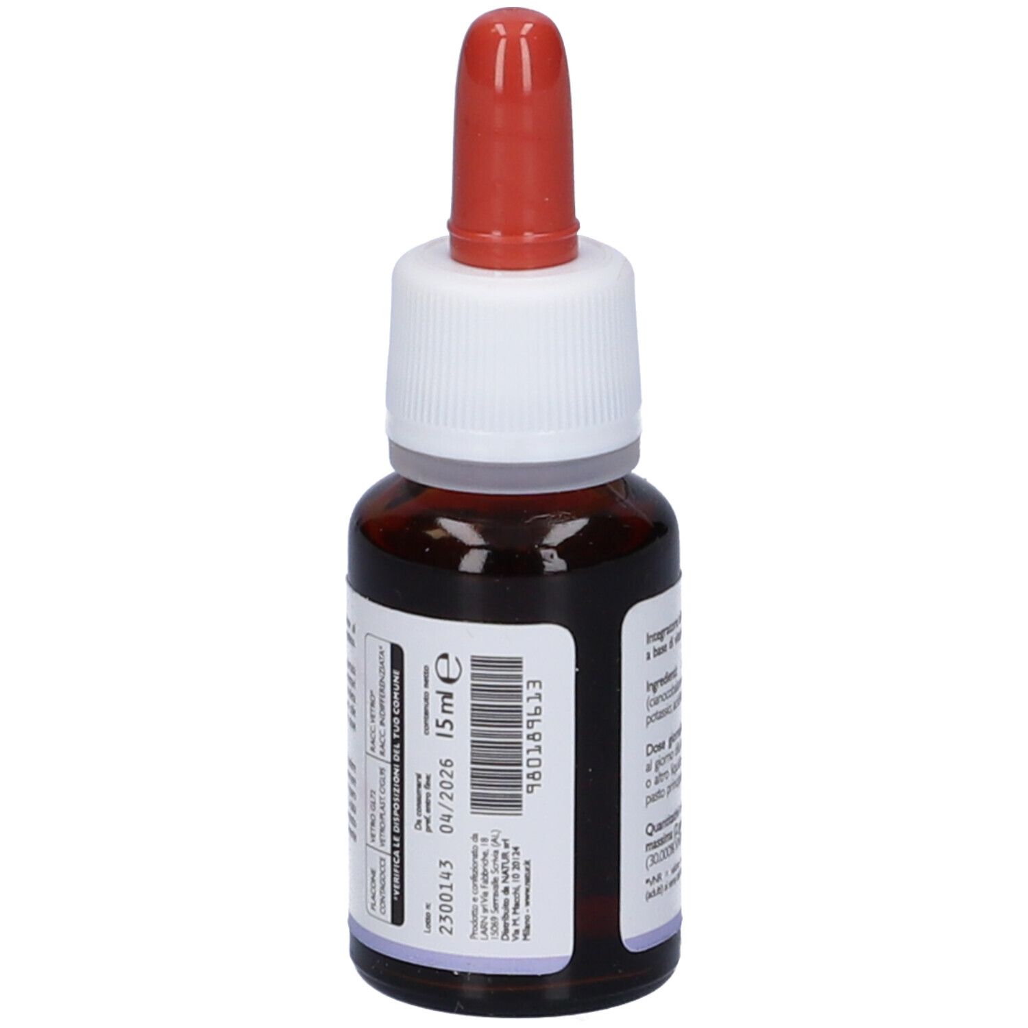 Flacone marrone con contagocce rosso. Etichetta con testo: Natur, EasyLiquid Vitamina B12, 15 ml, data di scadenza. Primo piano.