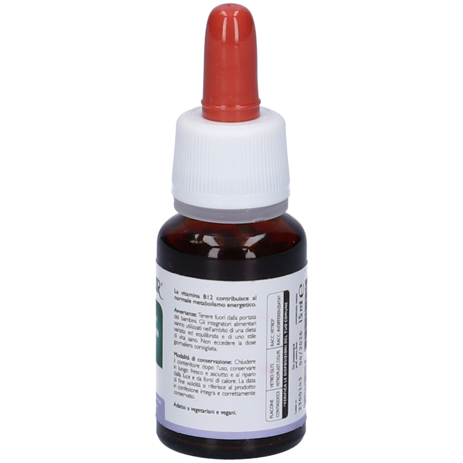 Flacone marrone con contagocce rosso. Etichetta con testo: Natur, EasyLiquid Vitamina B12, 15 ml. Vista posteriore.