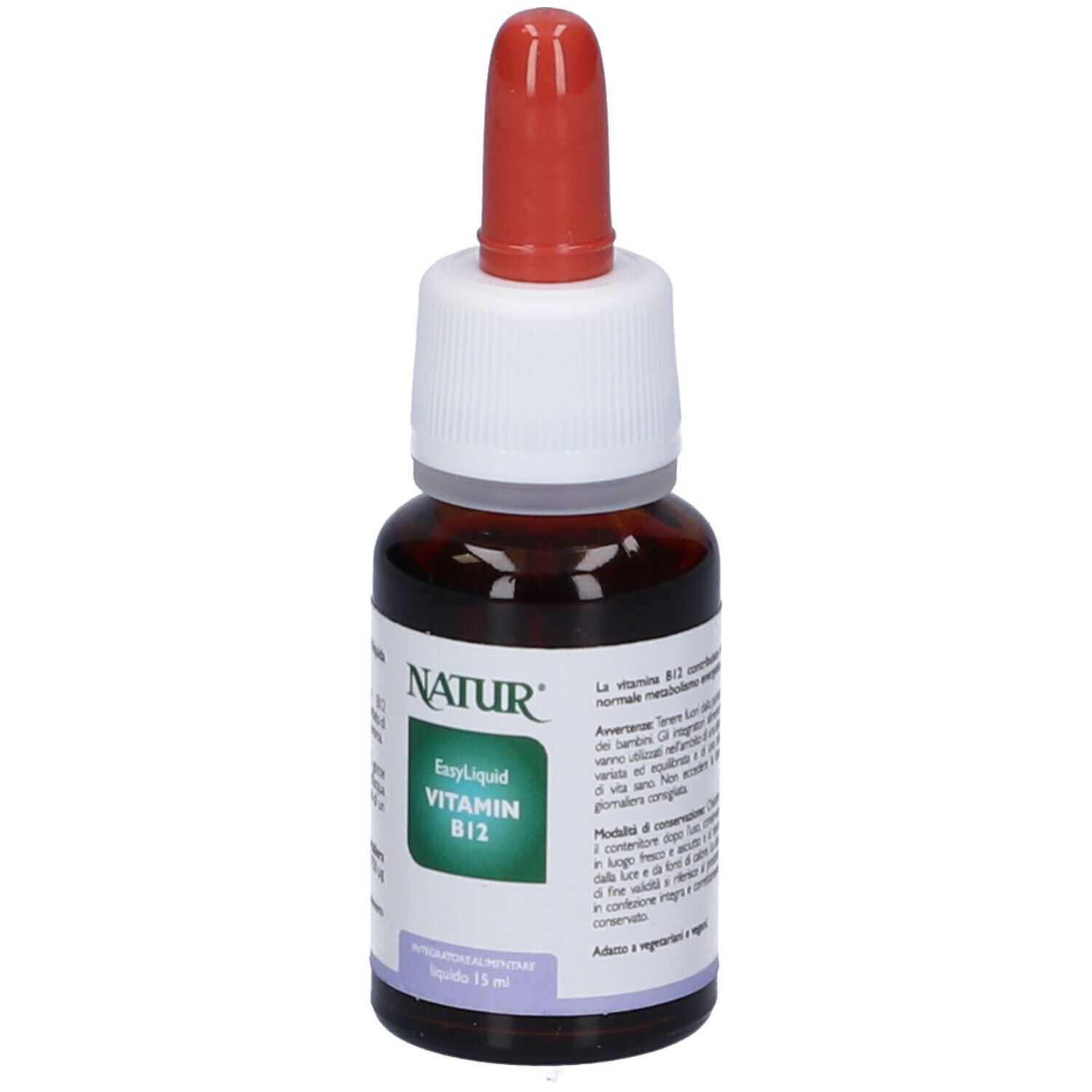 Flacone marrone con contagocce rosso. Etichetta con testo: Natur, EasyLiquid Vitamina B12, 15 ml. Primo piano.