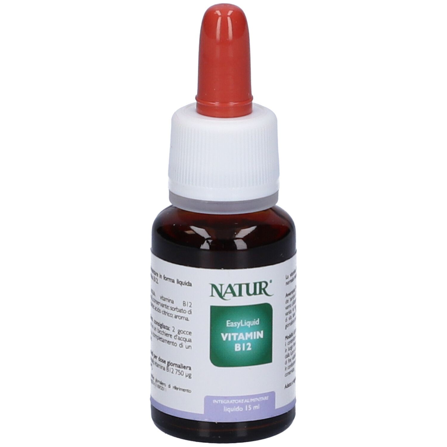 Flacone marrone con contagocce rosso. Etichetta con testo: Natur, EasyLiquid Vitamina B12, 15 ml. Primo piano.