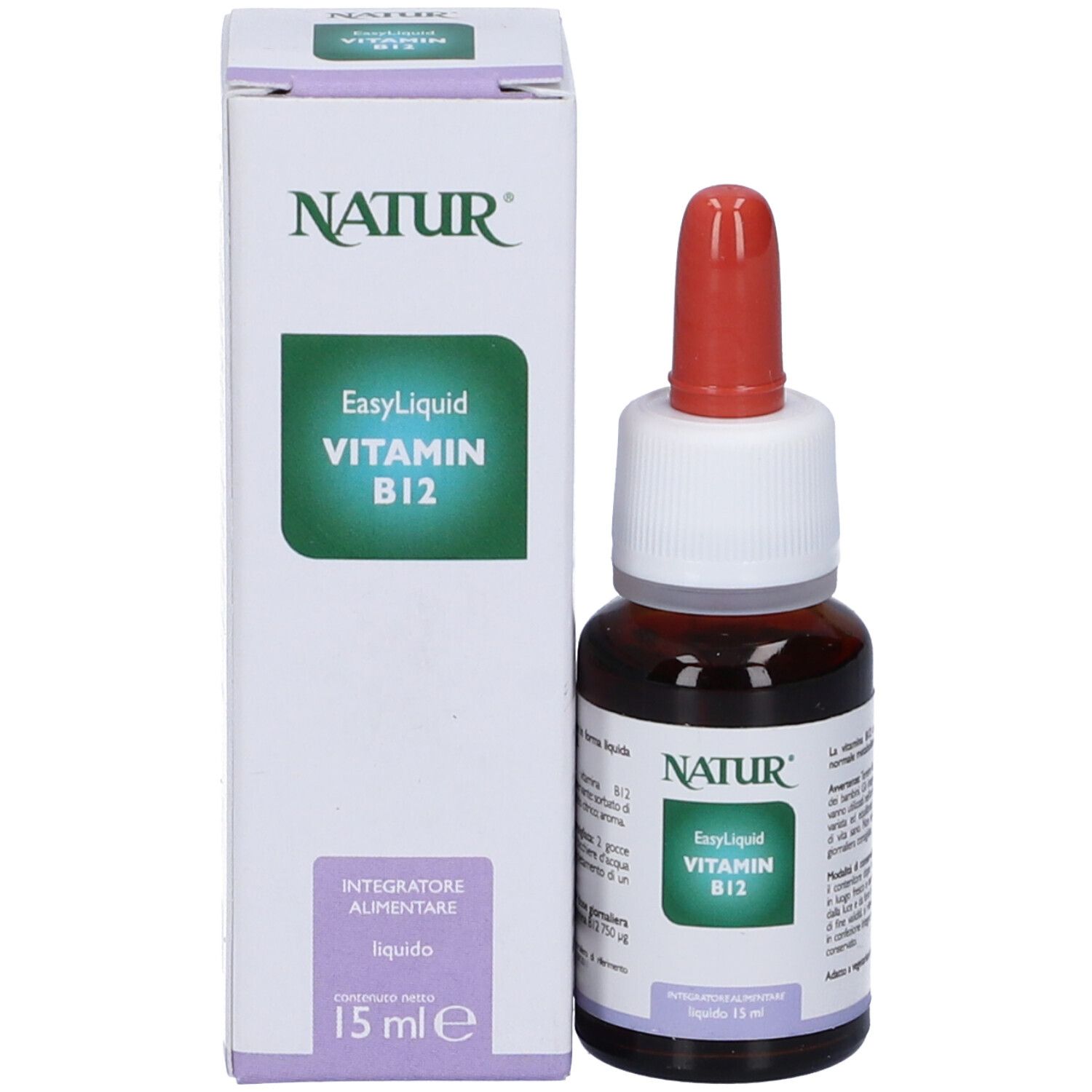 Flacone con contagocce rosso e scatola. Scatola con testo: Natur, EasyLiquid Vitamina B12, 15 ml. Primo piano.