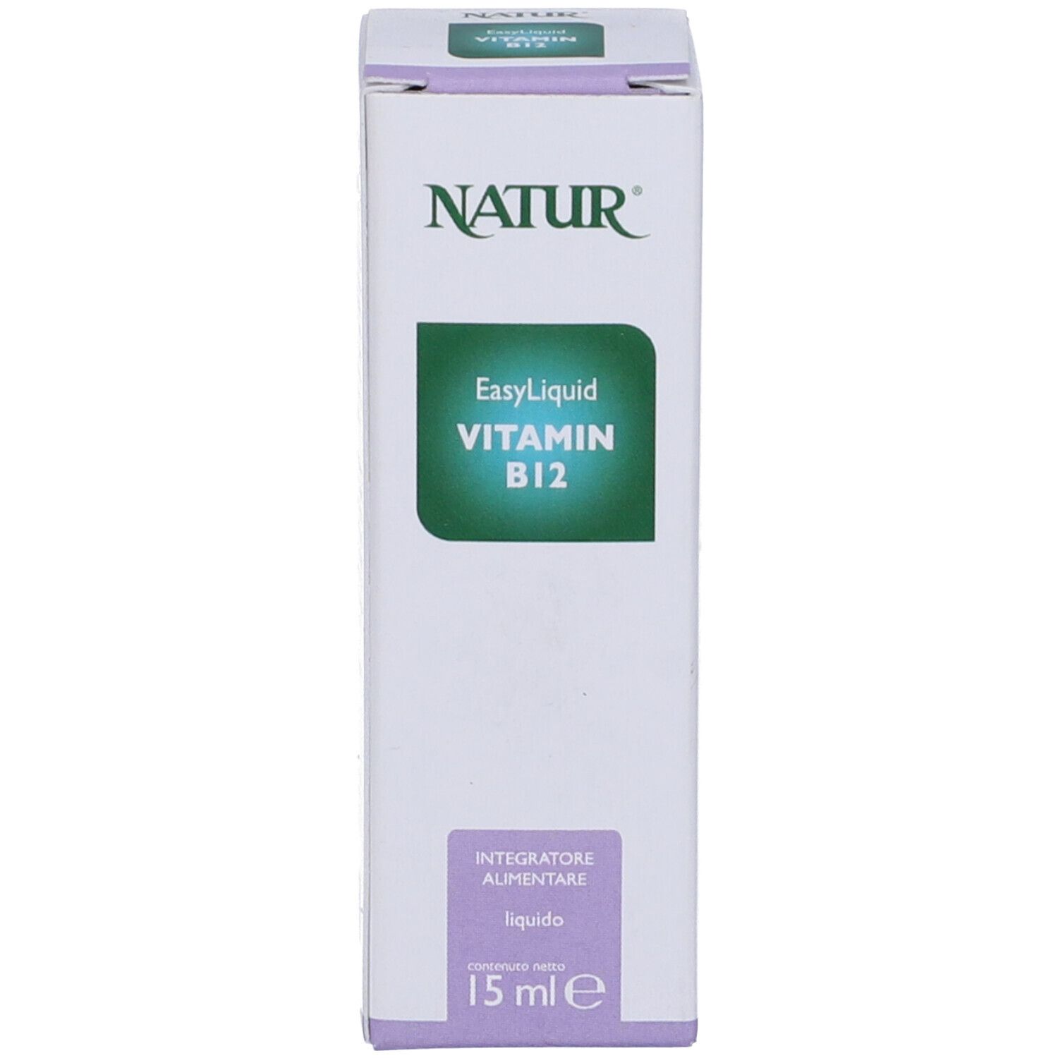 Scatola con testo: Natur, EasyLiquid Vitamina B12, 15 ml. Primo piano.