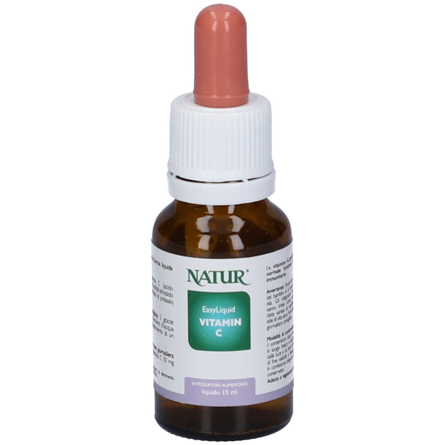 Flacone di vetro marrone con contagocce. Scritta: Easy Liquid Vitamin C. Etichetta con ingredienti.