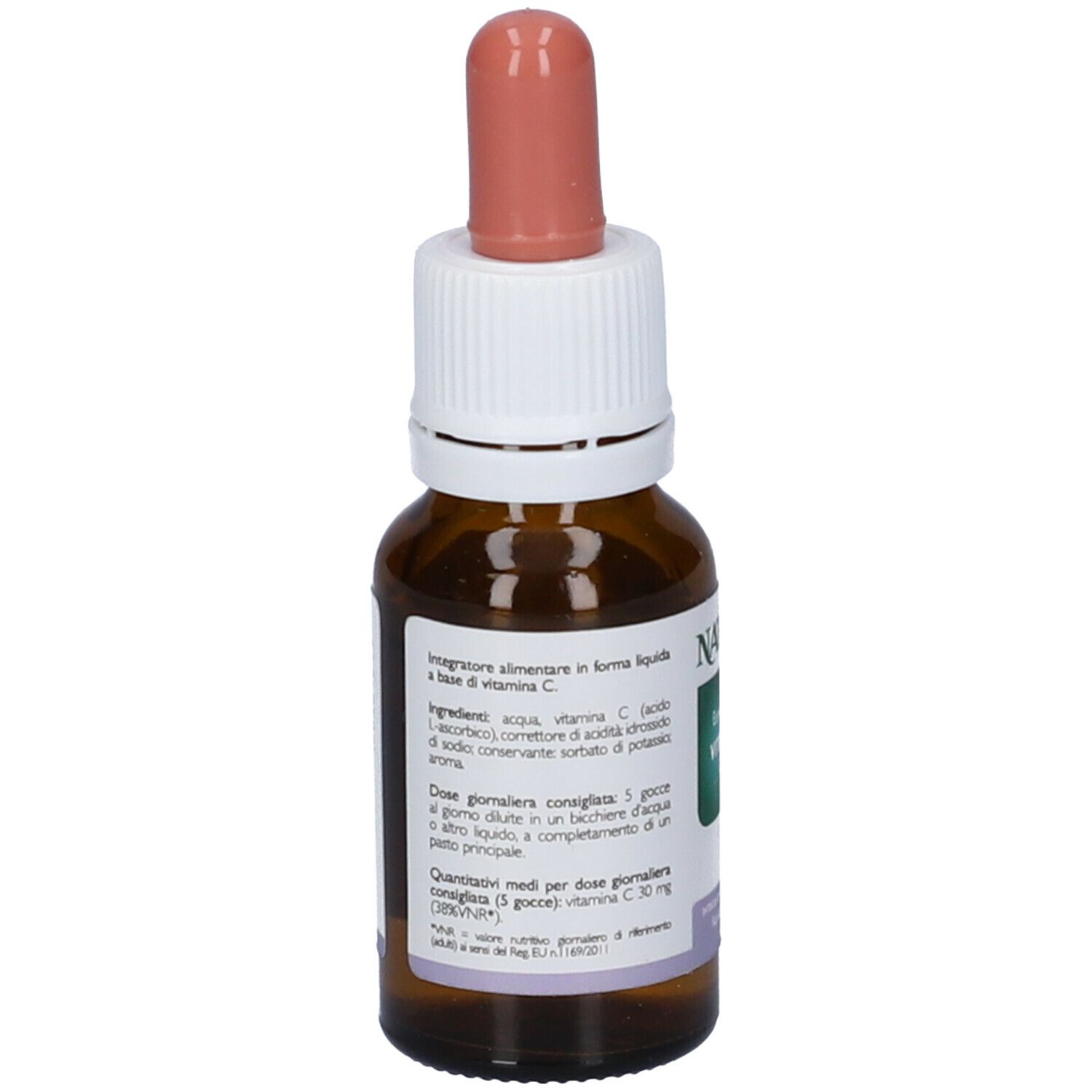 Flacone di vetro marrone con contagocce. Scritta: Easy Liquid Vitamin C. Etichetta con ingredienti.