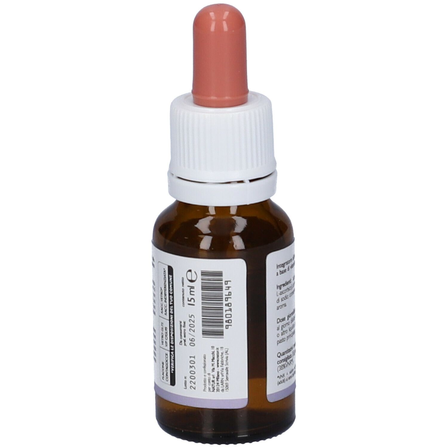 Flacone di vetro marrone con contagocce. Scritta: Easy Liquid Vitamin C. Etichetta con ingredienti e scadenza.