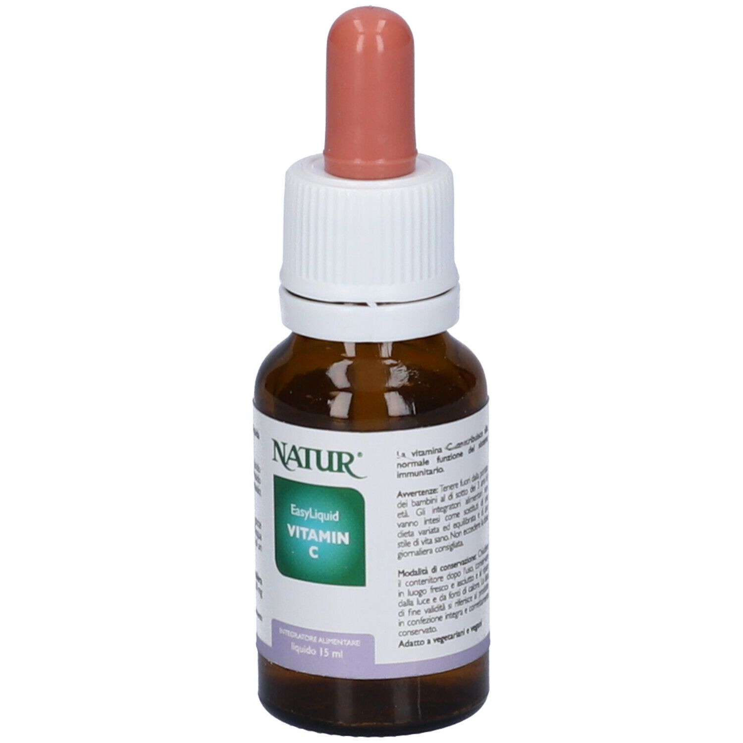 Flacone di vetro marrone con contagocce. Scritta: Easy Liquid Vitamin C. Etichetta con ingredienti e scadenza.