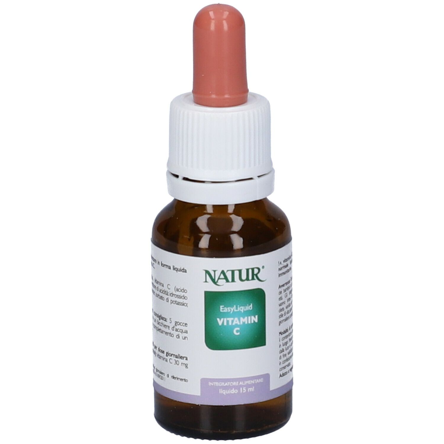 Flacone di vetro marrone con contagocce. Scritta: Easy Liquid Vitamin C. Etichetta con ingredienti.