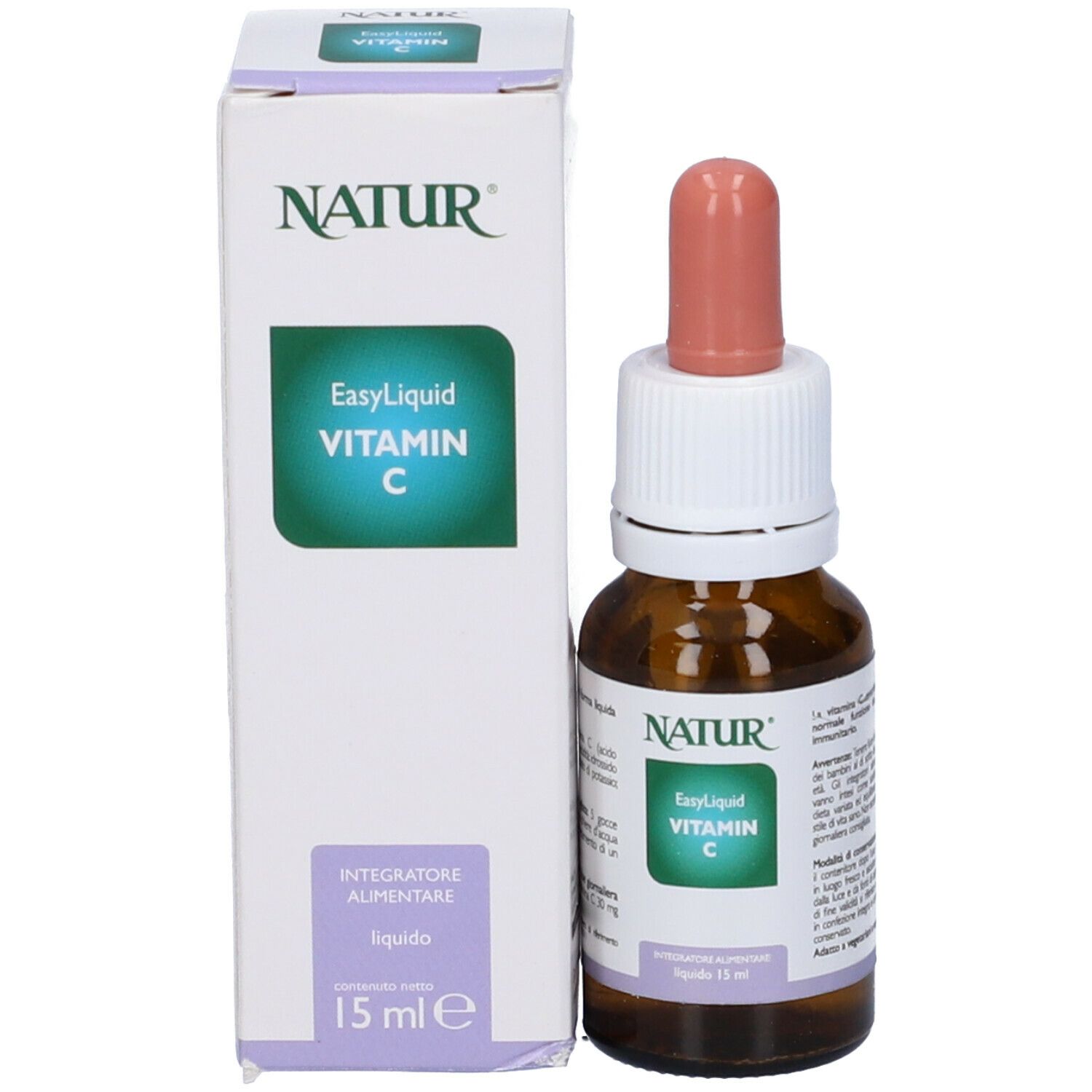 Flacone di vetro marrone con contagocce e confezione bianca. Scritta: Easy Liquid Vitamin C. 15 ml.