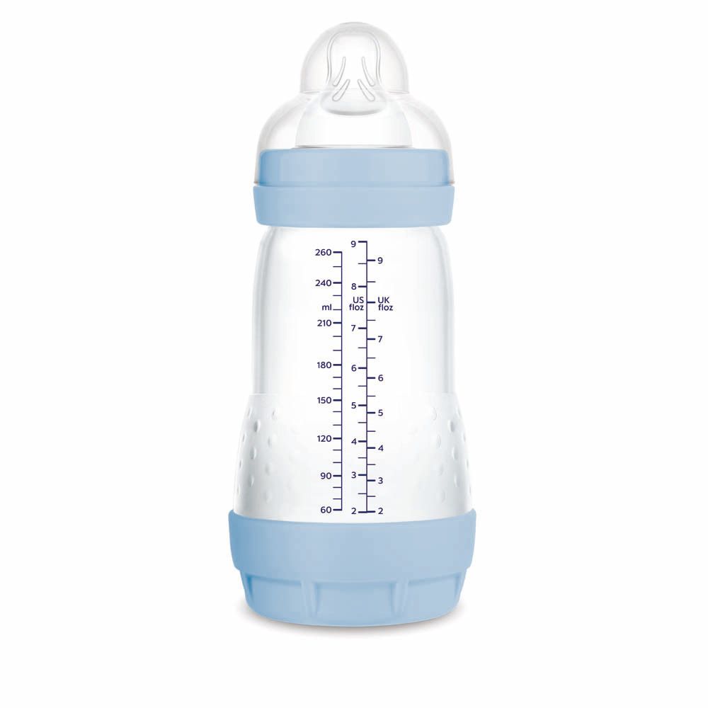 Biberon MAM Easy Start™ Anti-Kolik, 260 ml, con scala graduata e base azzurra.