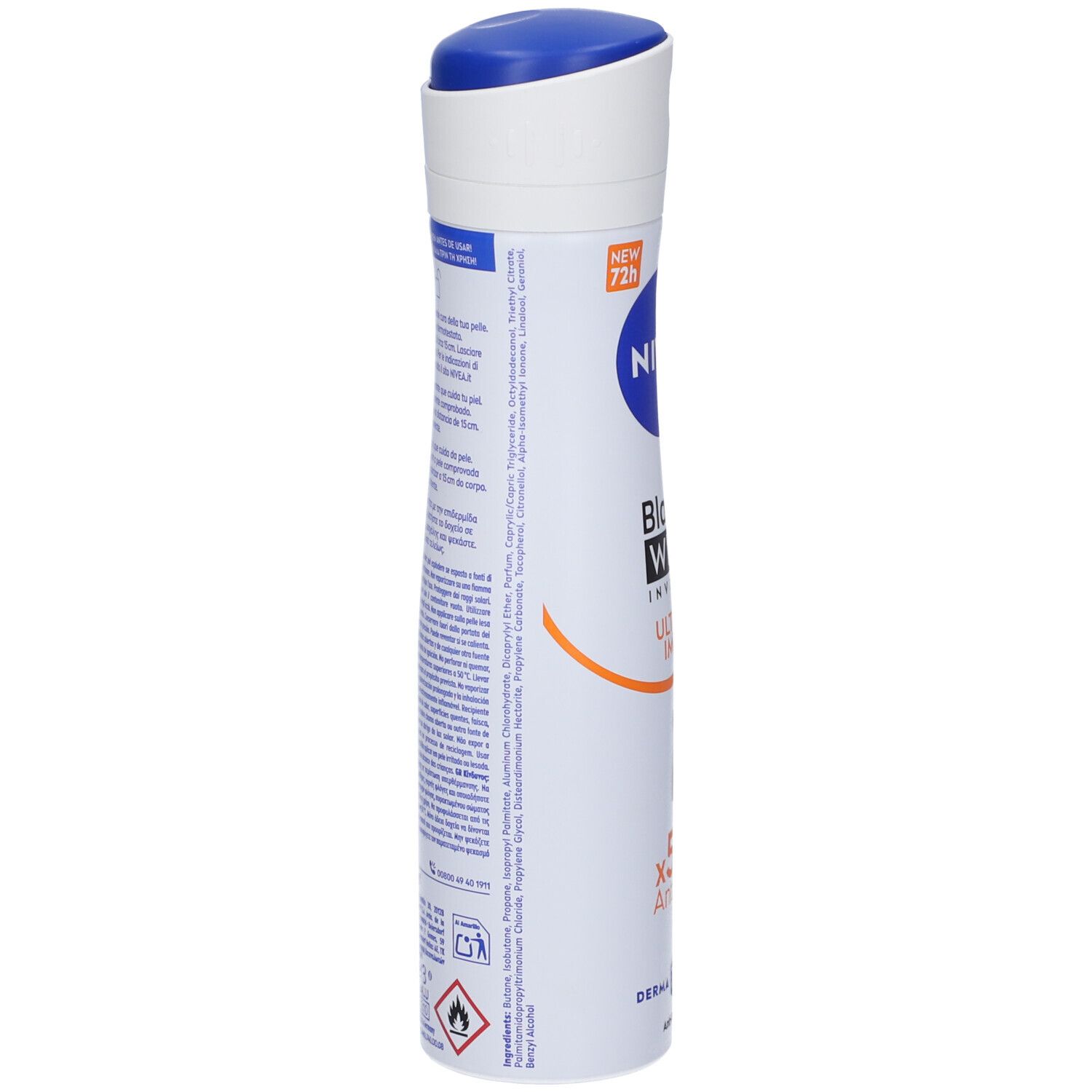 Lattina di spray deodorante, vista laterale. Contenitore bianco con tappo blu. Informazioni testuali sulla bomboletta.