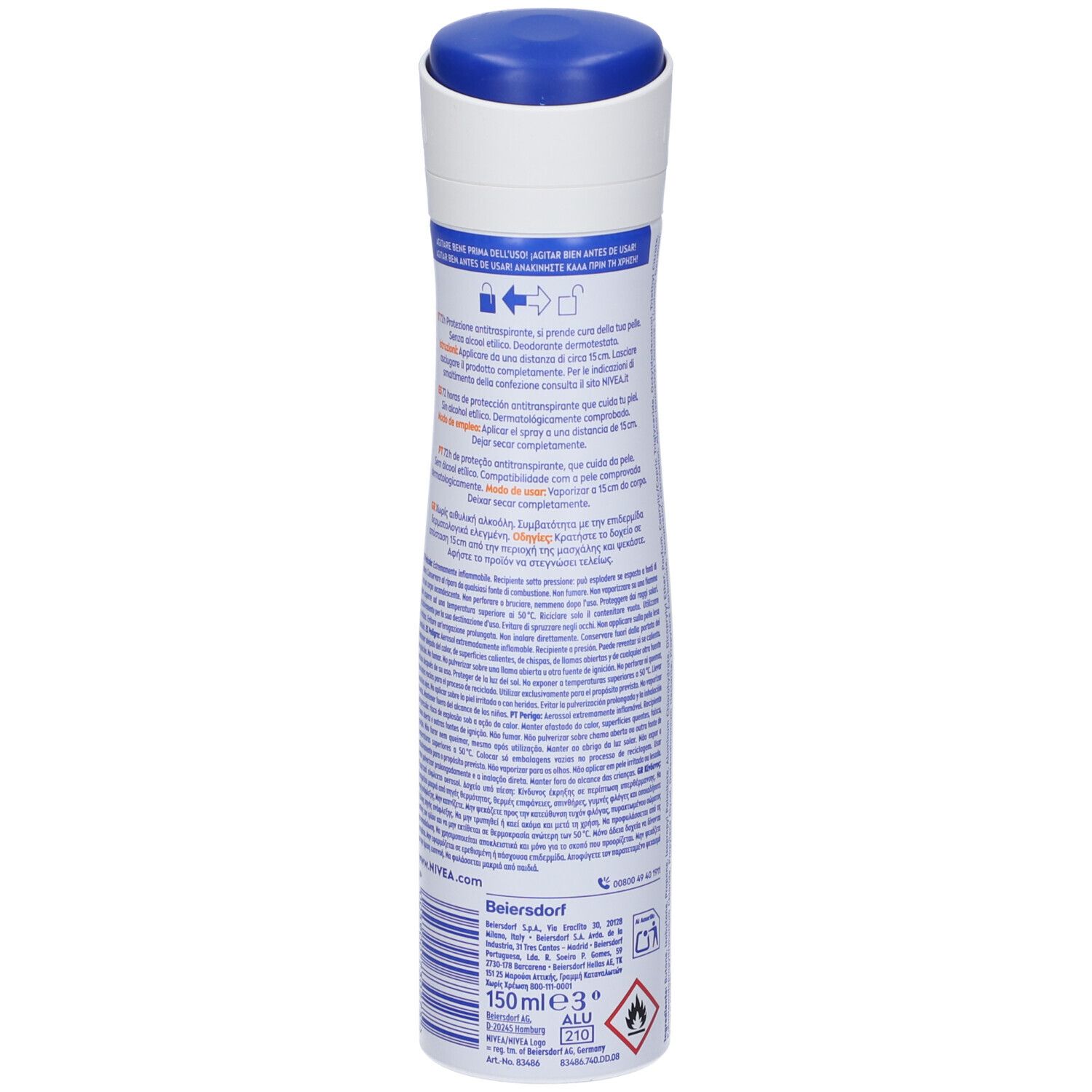 Lattina di spray deodorante, vista posteriore. Contenitore bianco con tappo blu. Informazioni testuali sulla bomboletta, incluso il produttore.