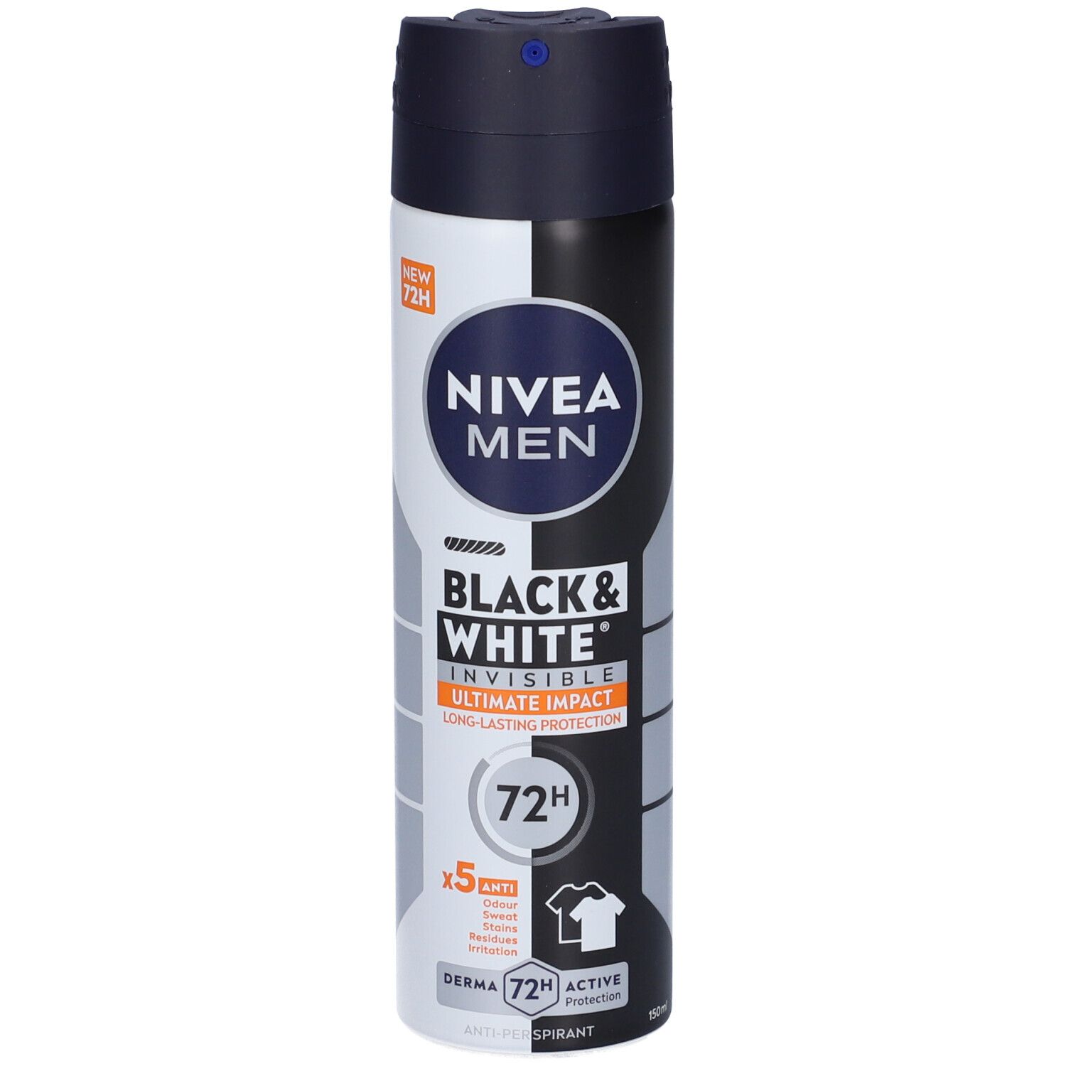 Spray deodorante NIVEA MEN Black & White, design bianco e nero. Protezione 72H. Loghi e scritte visibili.