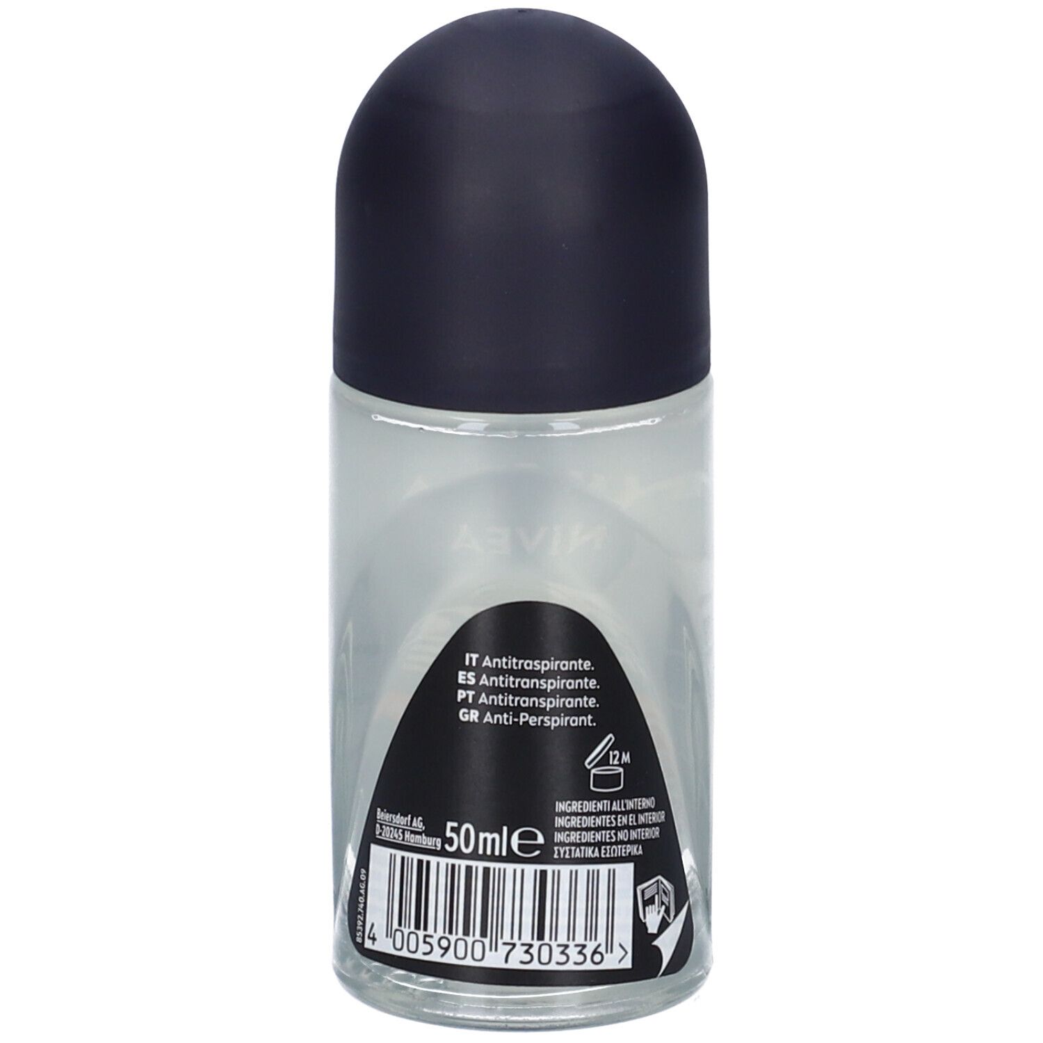 Retro del roll-on deodorante. Tappo nero, flacone trasparente. Codice a barre e informazioni sul prodotto.