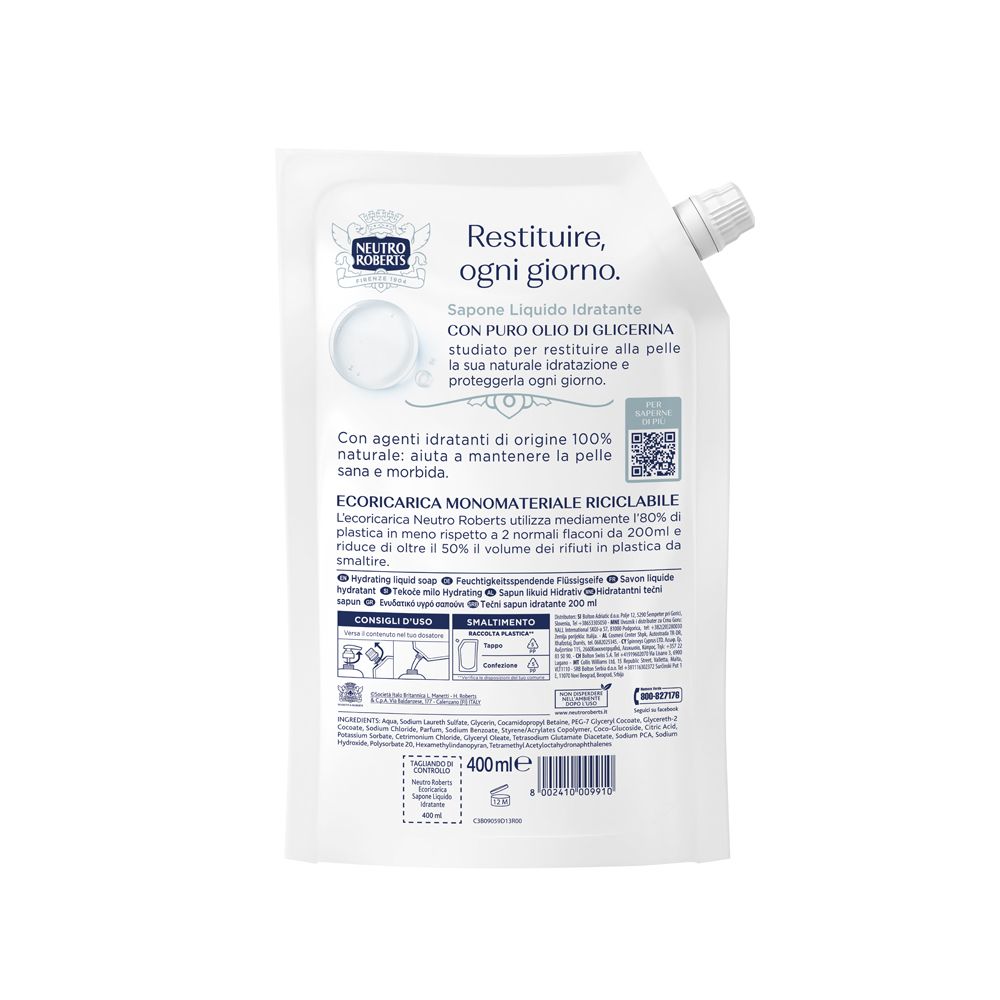 Retro della ricarica Neutro Roberts. Testo: Sapone liquido idratante con olio di glicerina puro. 400 ml.