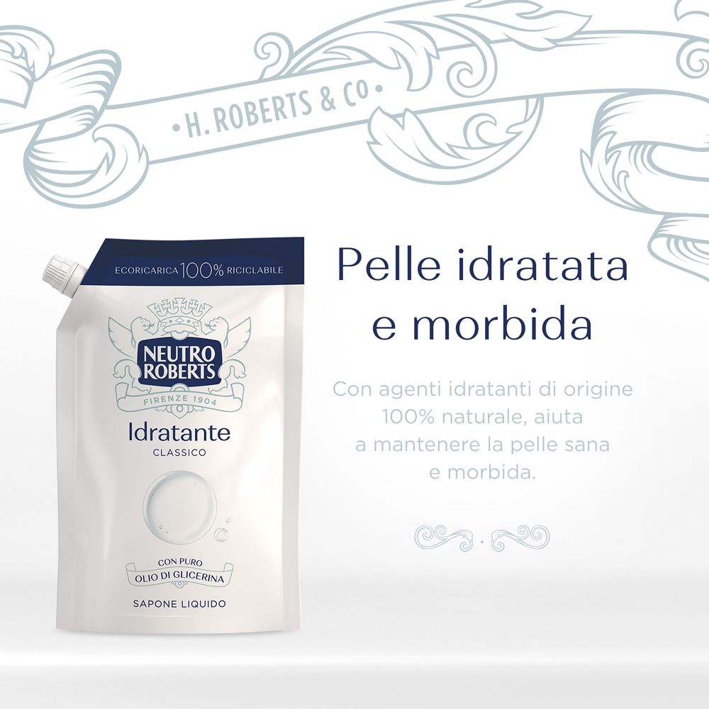Ricarica Neutro Roberts. Sacchetto bianco con tappo blu. Testo: Idratante Classico, con olio di glicerina, sapone liquido.