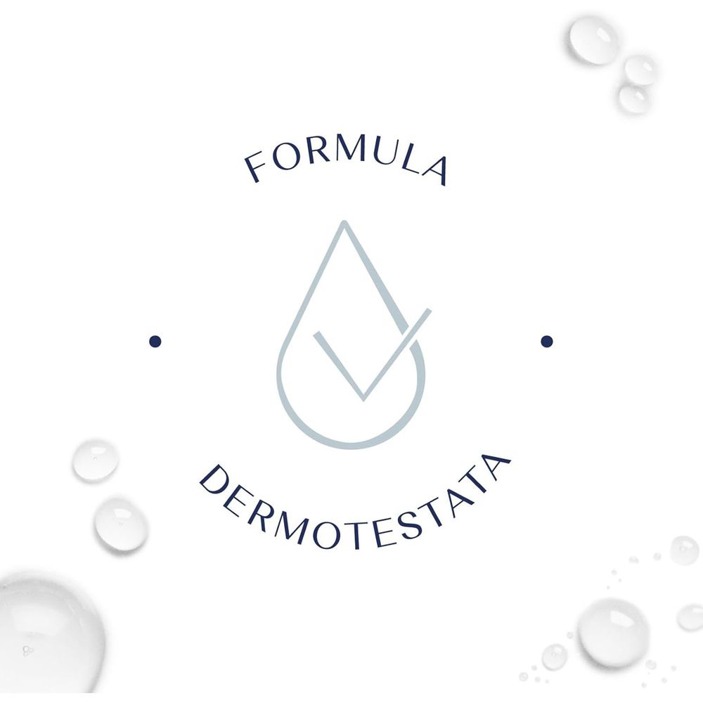 Logo: Formula dermatologicamente testata. Simbolo a goccia con segno di spunta.