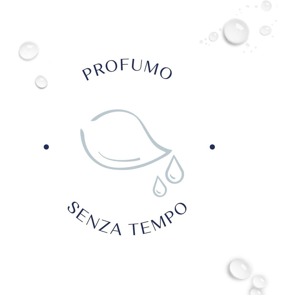 Logo: Profumo senza tempo. Simbolo di foglia con gocce.