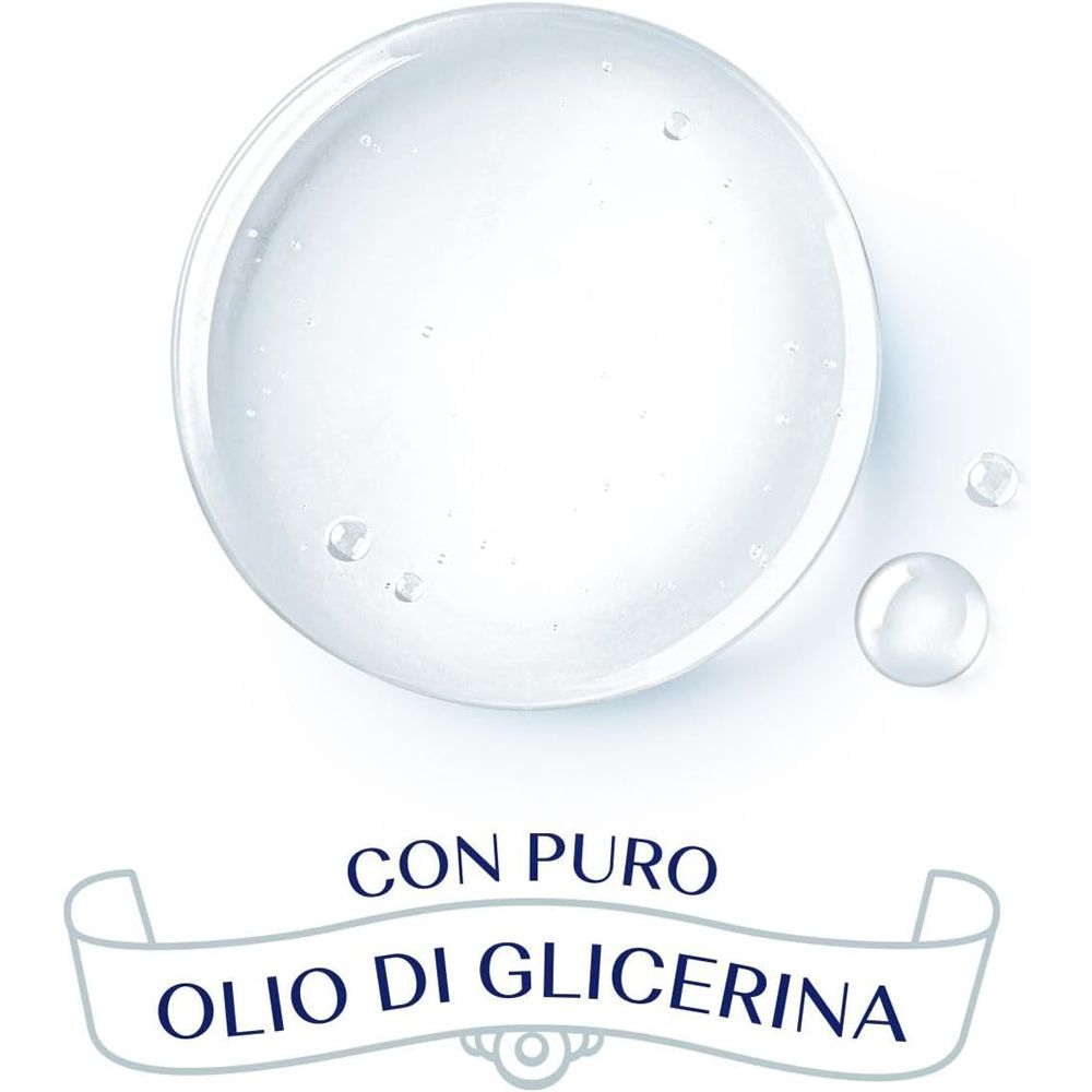 Disposizione circolare di gocce d'acqua. Testo: Con olio di glicerina puro.