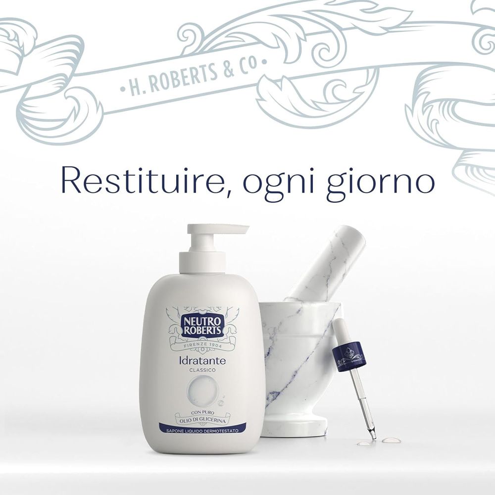 Sapone Neutro Roberts e accessori. Testo: Idratante Classico, con olio di glicerina puro.