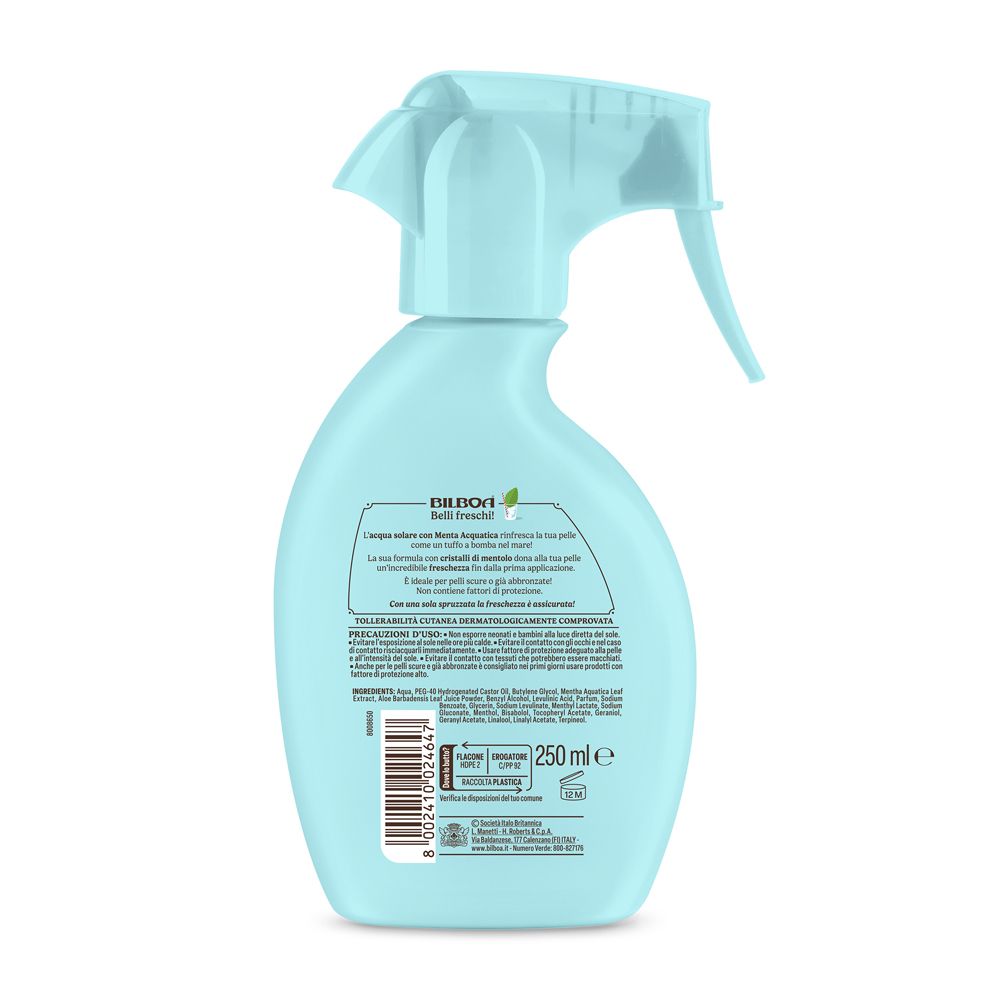 Retro di uno spray azzurro. Testo: ingredienti, istruzioni per l'uso, 250 ml.