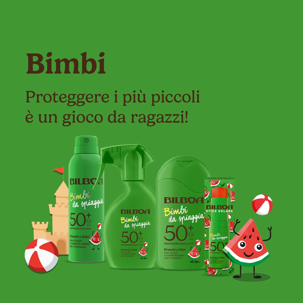 Vari prodotti BILBOA Bimbi da spiaggia. Spray, flaconi e stick di crema solare. Tutti con SPF 50+.