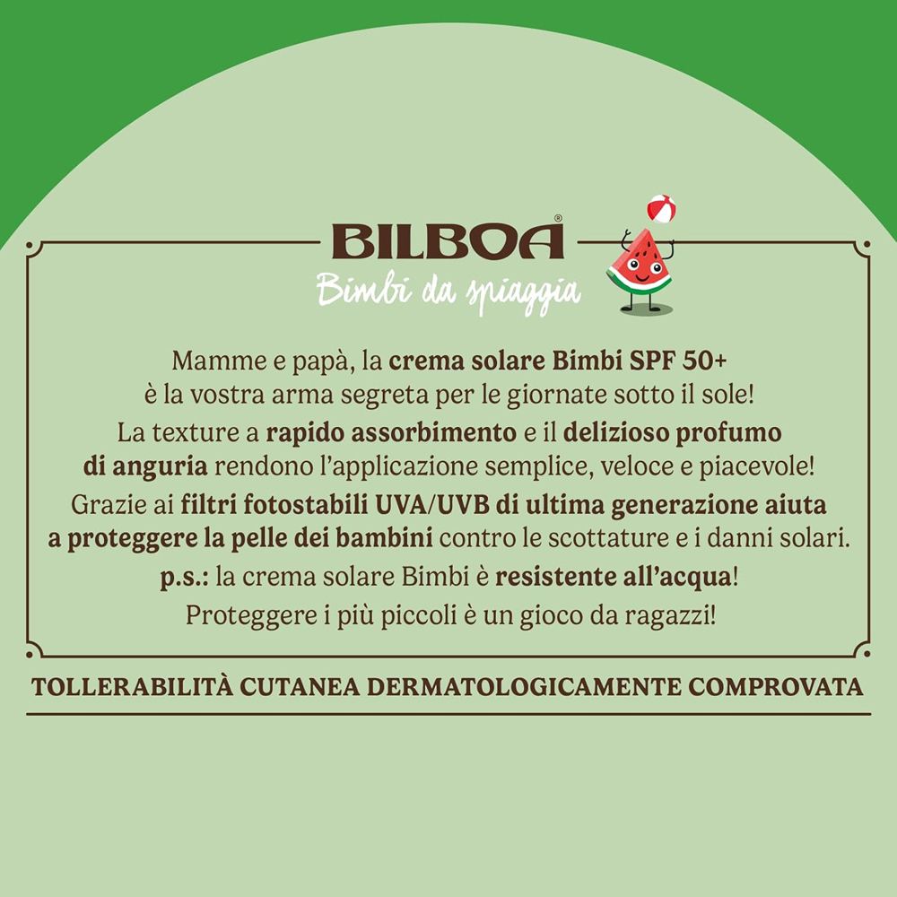Testo su sfondo verde. Scritta: Bilboa Bimbi da spiaggia. Testo sulla crema solare SPF 50+ per bambini.