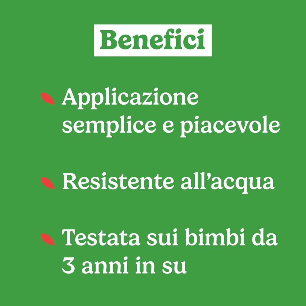 Testo su sfondo verde. Scritta: Benefici. Applicazione semplice e piacevole. Resistente all'acqua. Testato dai 3 anni in su.