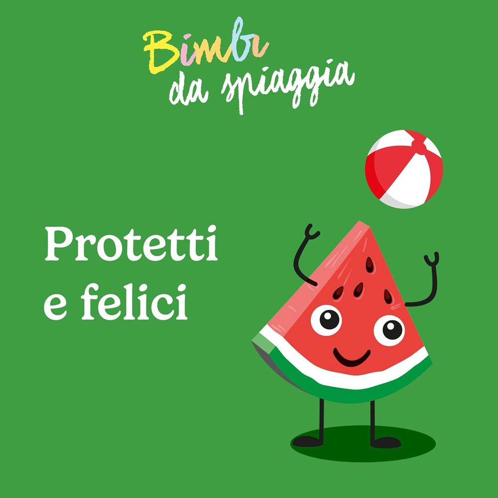 Illustrazione di un'anguria con una palla. Scritta: Bimbi da spiaggia. Protetti e felici.