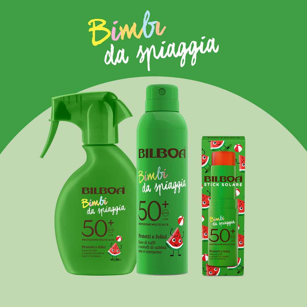 Tre prodotti: flacone spray, spray e stick. Scritta: Bilboa Bimbi da spiaggia 50+. Illustrazioni di angurie.