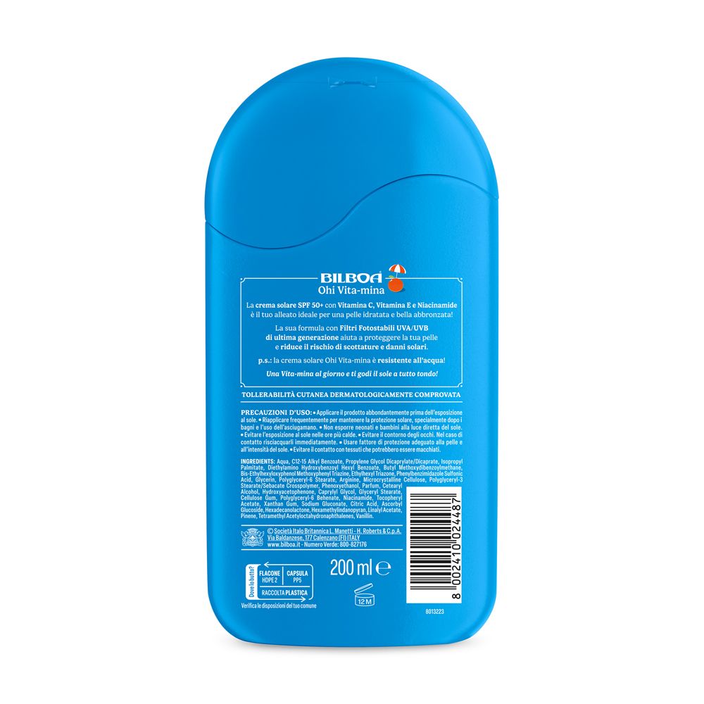 Retro di un flacone di crema solare blu. Testo in italiano. Contiene informazioni sugli ingredienti e l'uso.