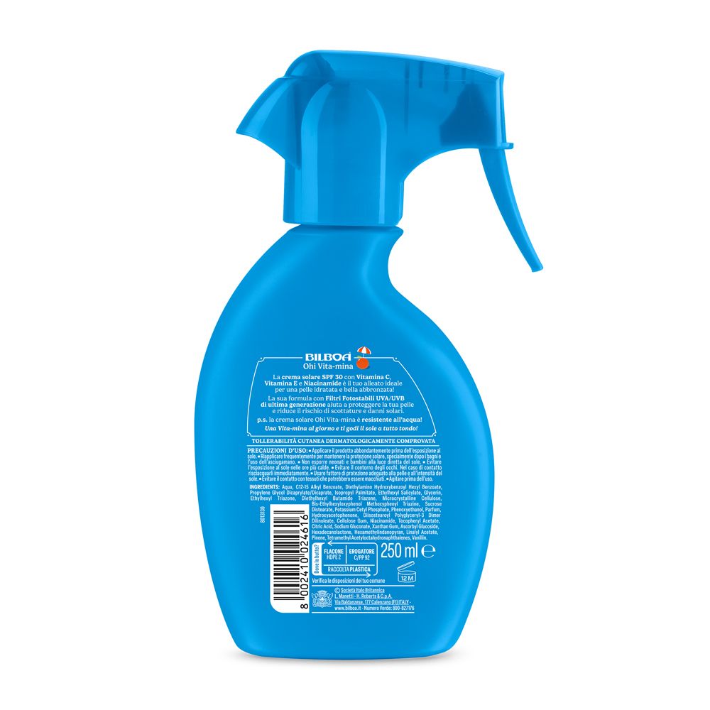 Retro di un flacone spray blu. Testo e informazioni sul contenuto. Scritta: Bilboa Ohi Vita-mina. 250 ml.