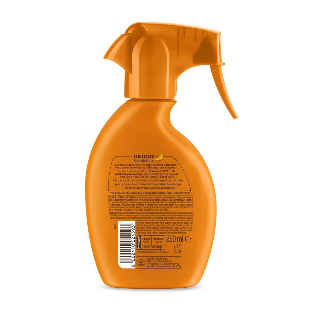 Retro di un flacone spray arancione. Informazioni testuali e codice a barre. Scritta: Bilboa. Volume: 250 ml.