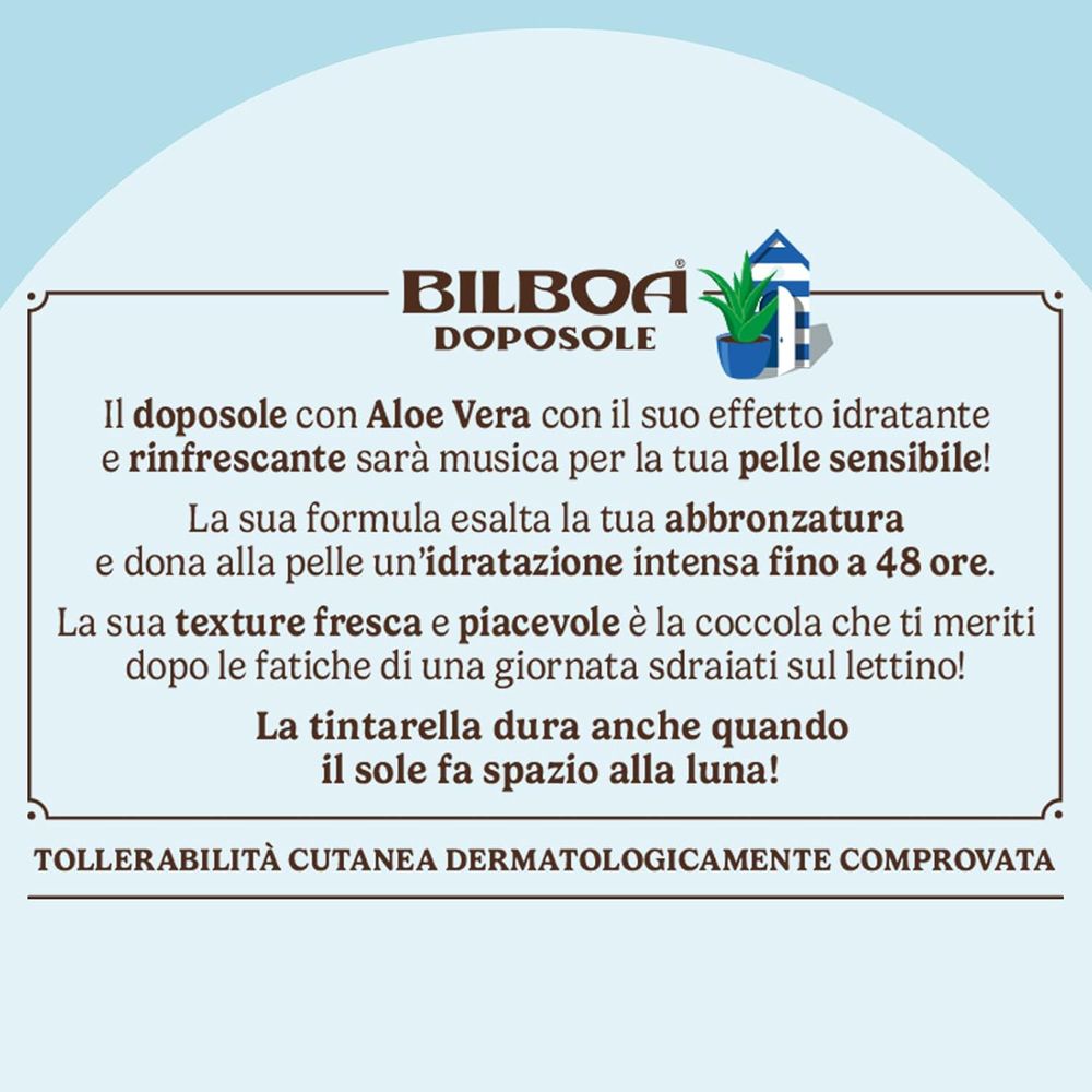 Testo su sfondo blu: Bilboa Doposole con aloe vera. Descrizione delle proprietà e tollerabilità dermatologica.