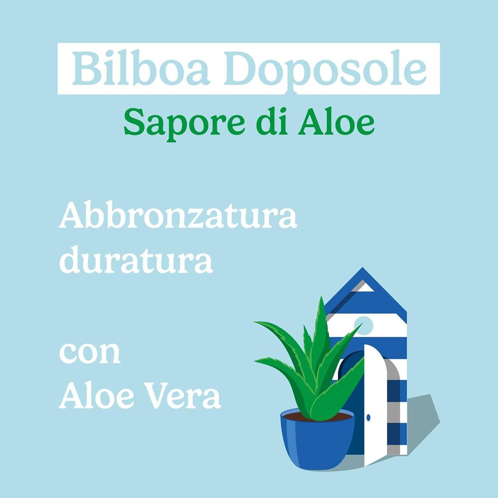 Sfondo blu con testo: Bilboa Doposole, Sapore di Aloe, Abbronzatura duratura, con Aloe Vera. Illustrazione: capanna sulla spiaggia con aloe vera.