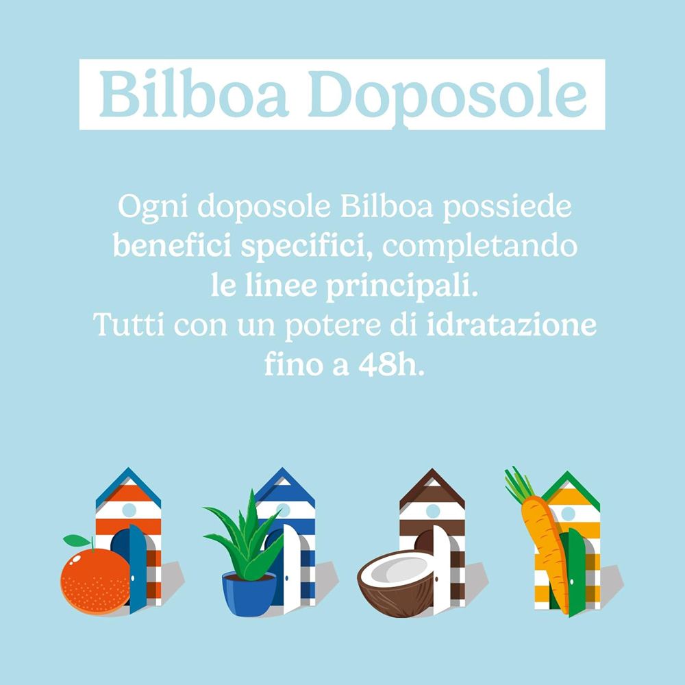 Sfondo blu con testo: Bilboa Doposole. Illustrazioni di capanne sulla spiaggia con diversi ingredienti: arancia, aloe vera, cocco, carota.