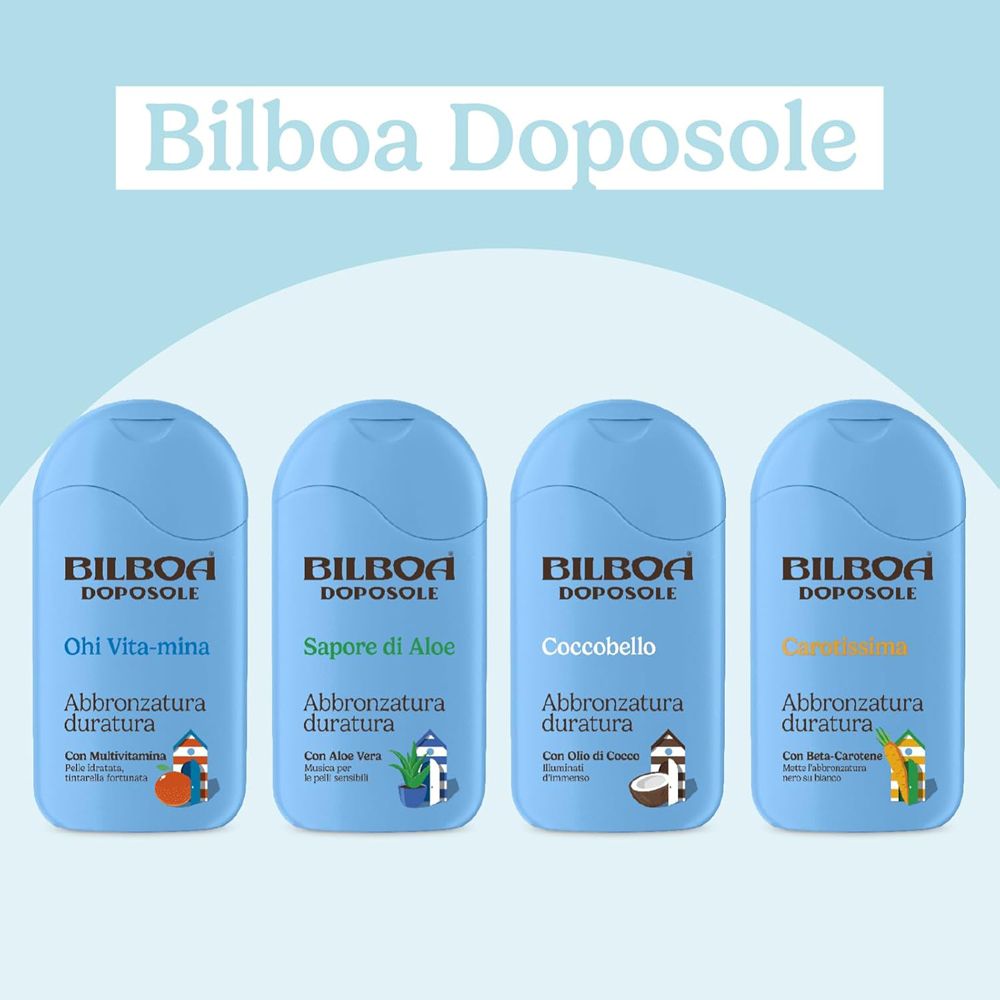 Quattro flaconi blu Bilboa Doposole. Scritte: Ohi Vita-mina, Sapore di Aloe, Coccobello, Carotene. Abbronzatura duratura.