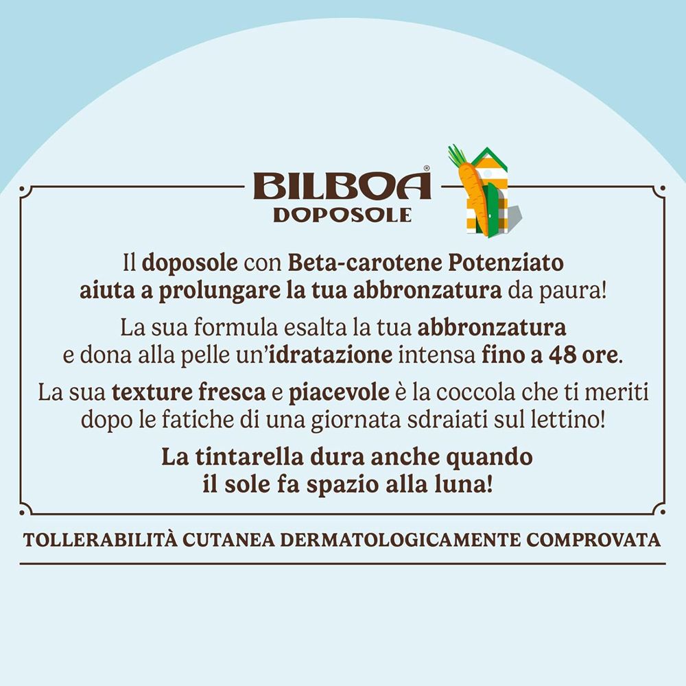 Testo su sfondo blu: Bilboa Doposole. Formula al beta-carotene. Tollerabilità cutanea dermatologicamente comprovata.