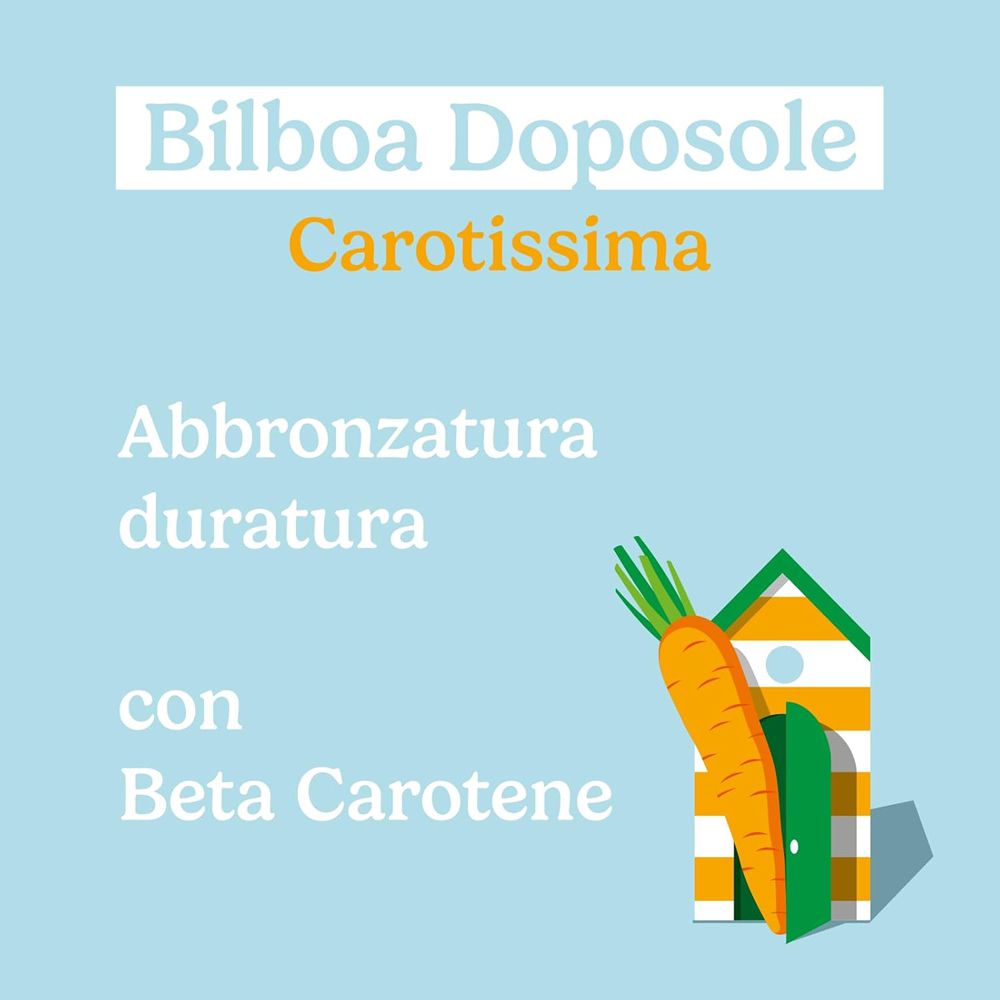 Testo su sfondo blu: Bilboa Doposole Carotissima. Con Beta Carotene. Immagine di una carota.