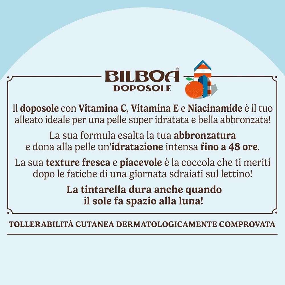 Testo su sfondo blu. Nome del prodotto, descrizione e testato dermatologicamente.