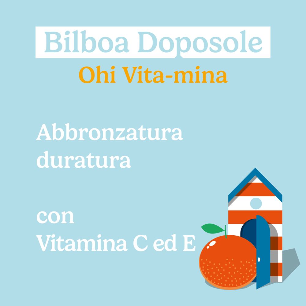 Testo su sfondo blu. Nome del prodotto, descrizione e illustrazione di un'arancia.