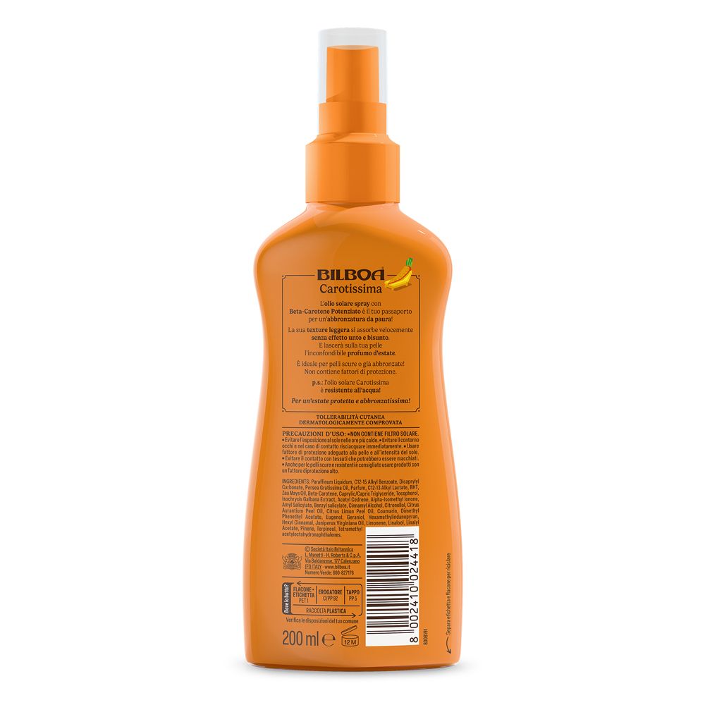 Retro del flacone spray arancione. Informazioni testuali e ingredienti. 200 ml.