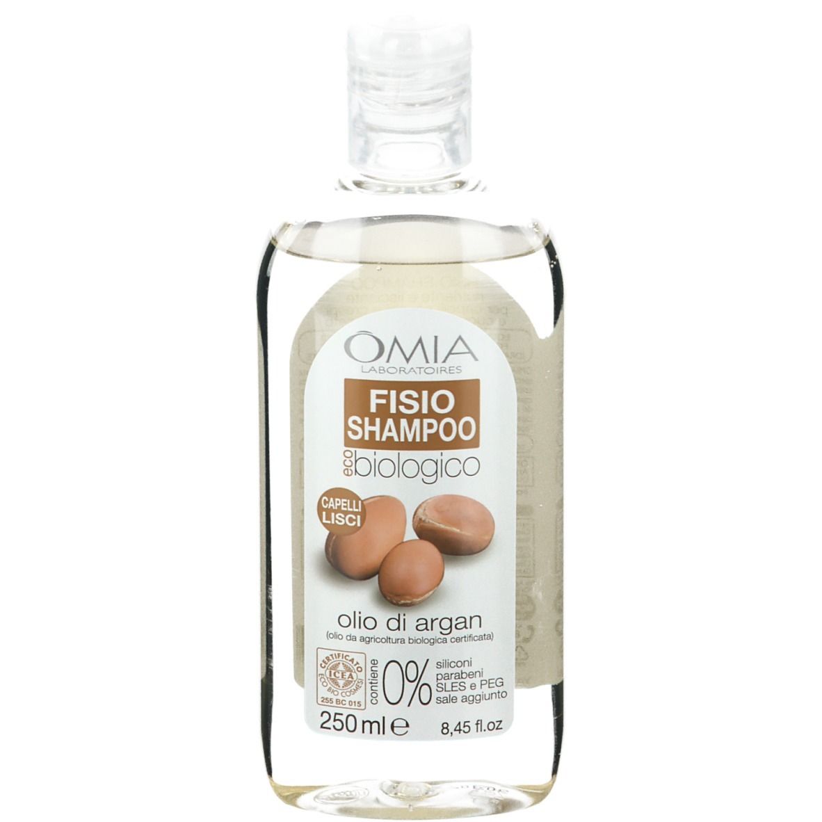 Flacone di shampoo trasparente con scritte OMIA, FISIO SHAMPOO, biologico. Illustrazione di semi di argan. 250 ml.