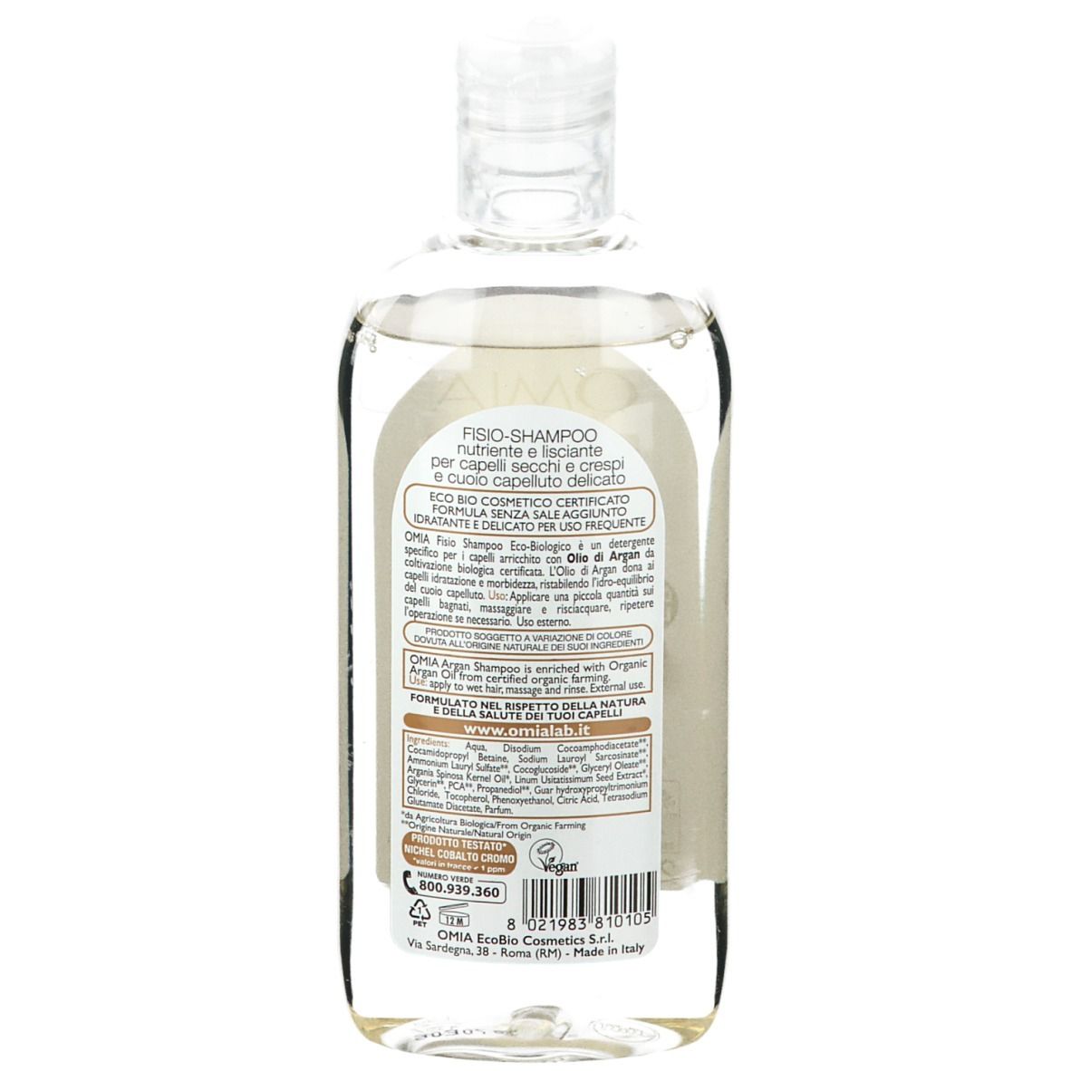 Retro di un flacone di shampoo. Testo con ingredienti e certificazioni. Marchio OMIA.