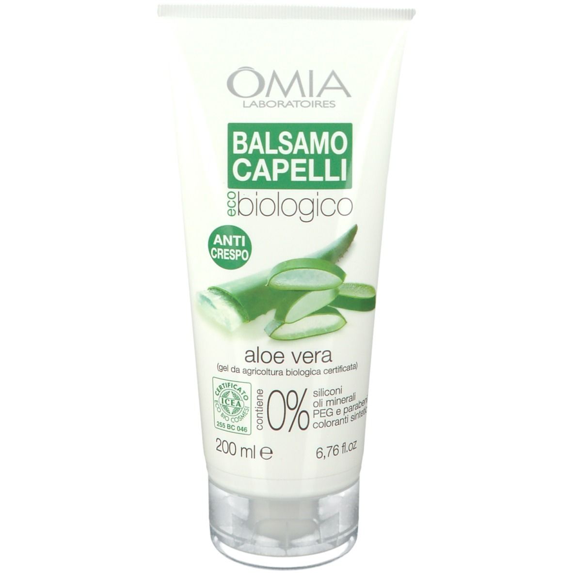 Tubo bianco con etichetta verde. OMIA, Balsamo Capelli biologico, Aloe Vera. 0% e certificazioni.
