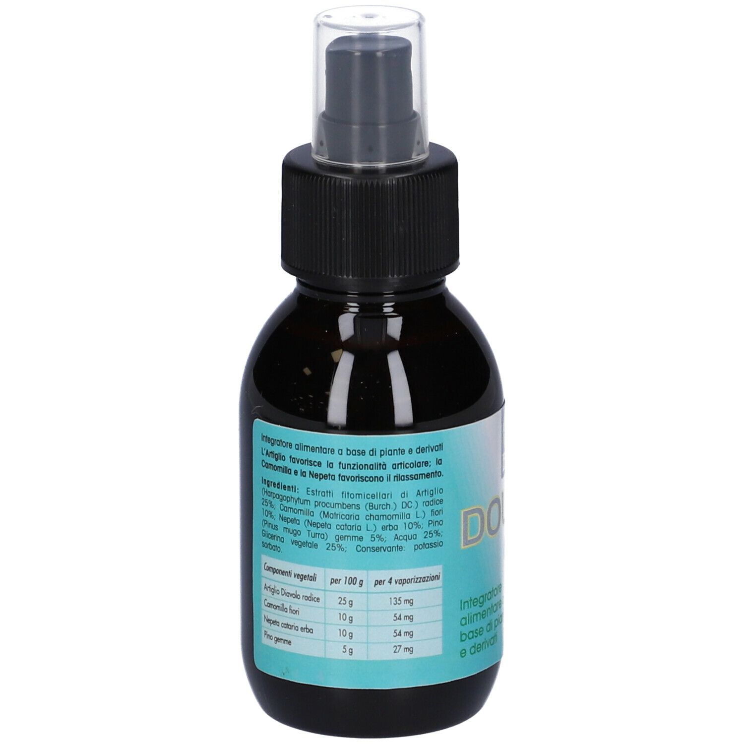 Flacone marrone con erogatore nero. Retro con informazioni sugli ingredienti.