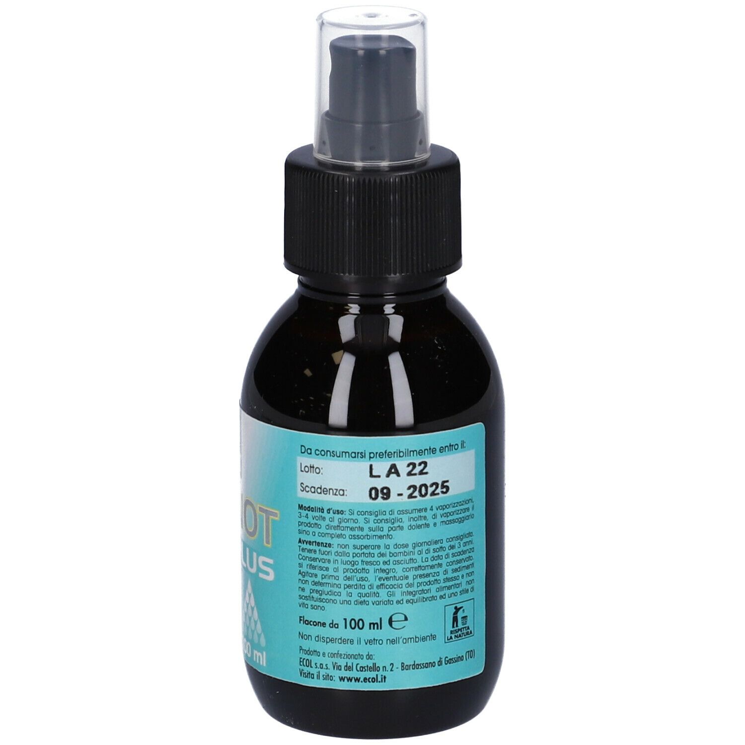 Flacone marrone con erogatore nero. Retro con data di scadenza e informazioni.
