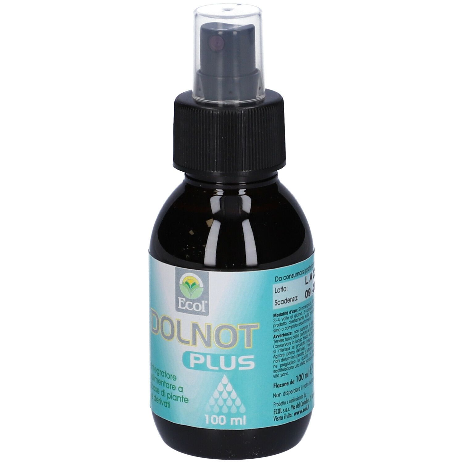 Flacone marrone con erogatore nero. Scritta 'DOLNOT PLUS' e '100 ml'.