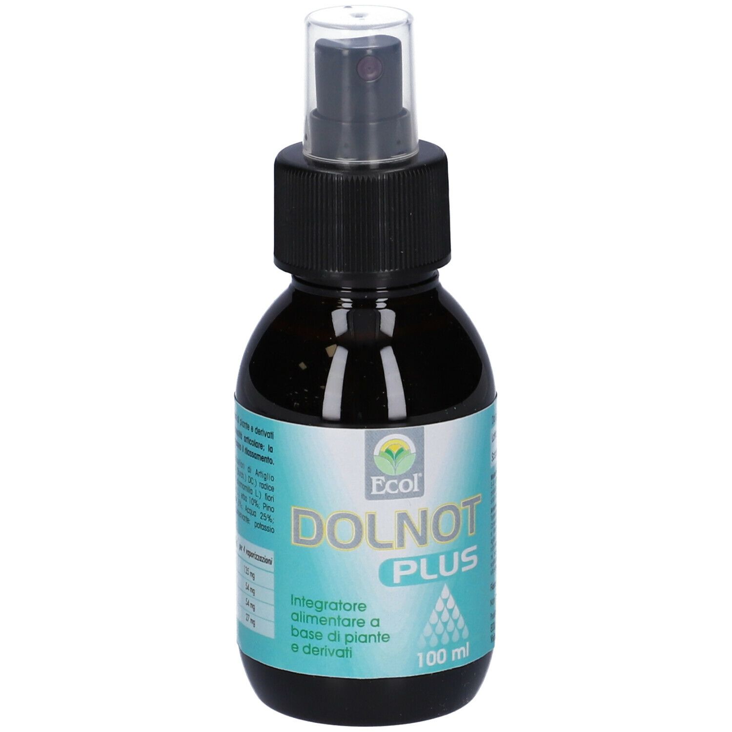 Flacone marrone con erogatore nero. Scritta 'DOLNOT PLUS' e '100 ml'.