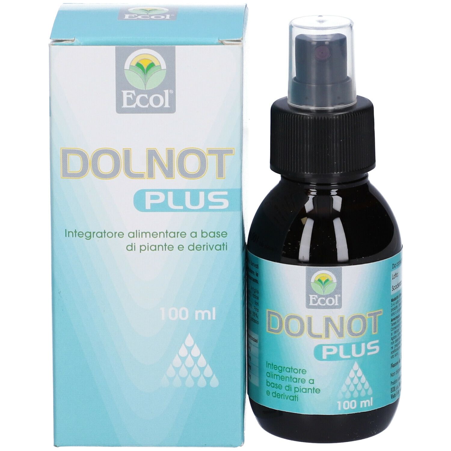 Flacone marrone con erogatore nero e scatola. Scritta 'DOLNOT PLUS' e '100 ml'.