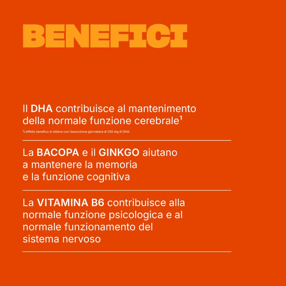 Benefici Swisse Ultiboost Memoria: DHA per la funzione cerebrale, Bacopa e Ginkgo per la memoria, Vitamina B6 per la funzione psicologica.
